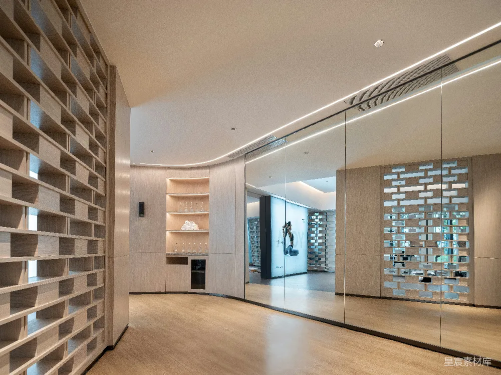 高清摄影 现代风格的内 hallway，配有装饰屏风和书架。