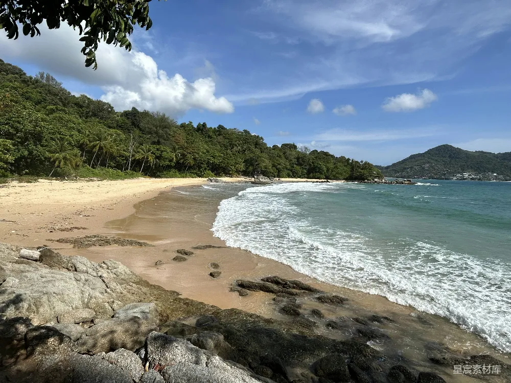 高清摄影 沙滩旁边覆盖着绿色茂密森林的山坡高地