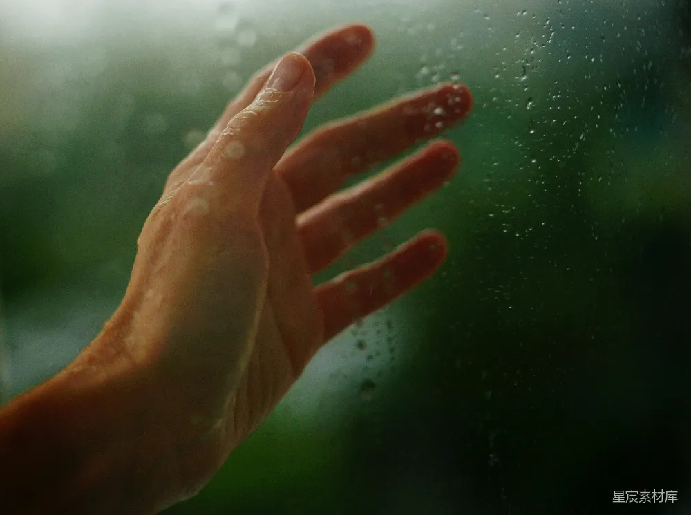 高清摄影  一只手触摸着带有绿色背景的雨窗玻璃。