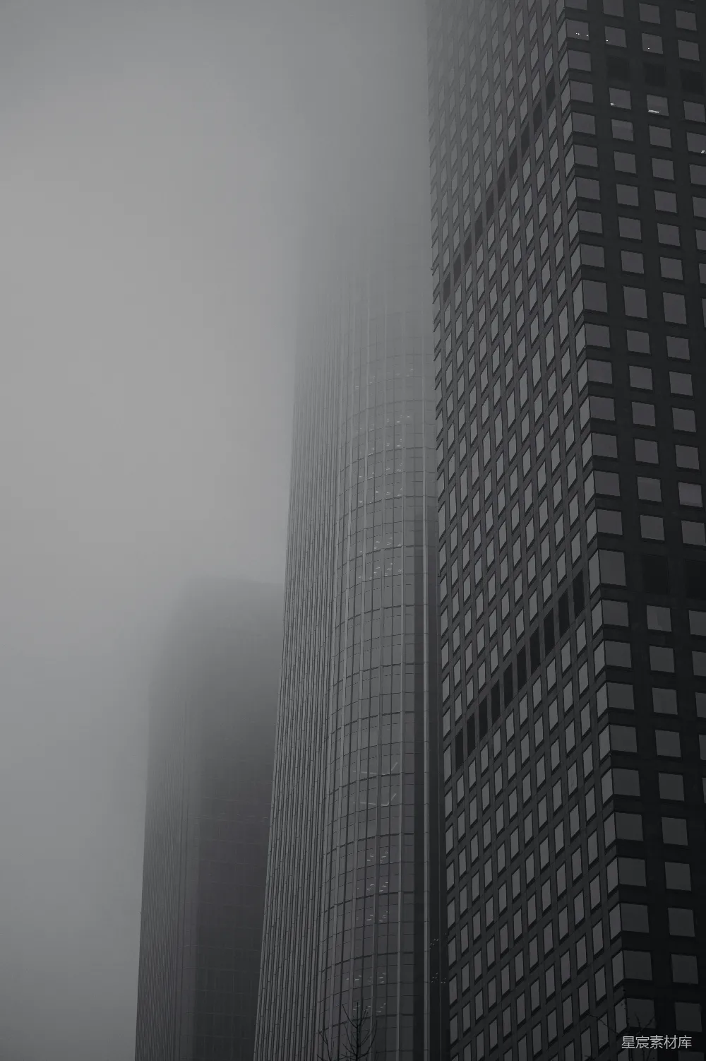 高清摄影  一幅黑白照片里描绘着雾天里的摩天大楼