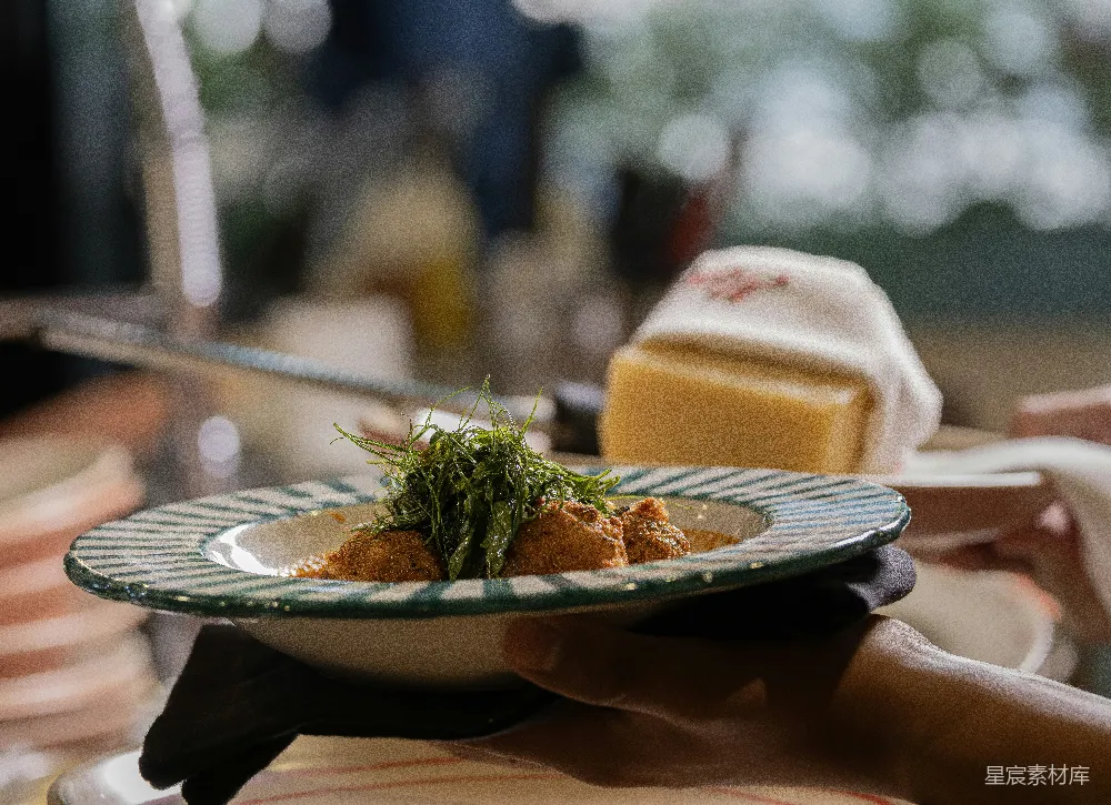 高清摄影 一道美味佳肴端上 plates，配有装饰。