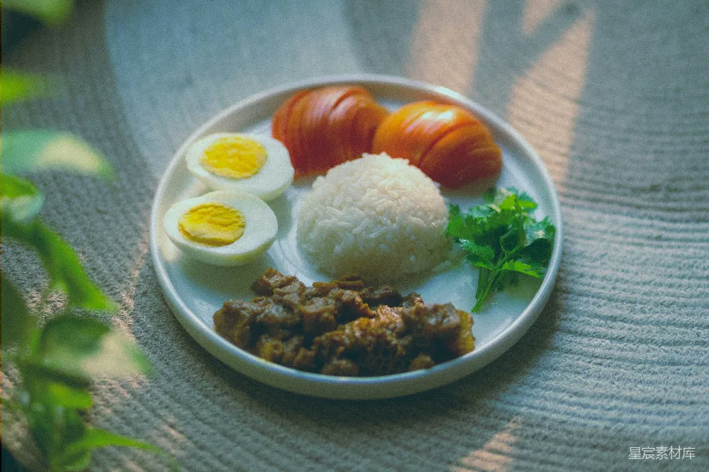 高清摄影 一盘米饭、鸡蛋、西红柿和肉。