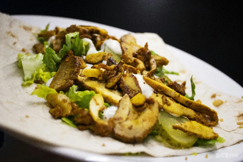 高清摄影  一块白色 plates 上面放着一片装有肉和生菜的玉米饼