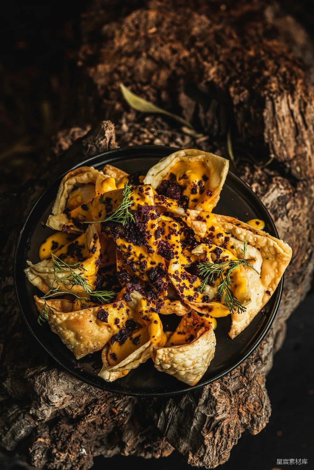 高清摄影  酥脆炸 wonton 配以奶酪和香草