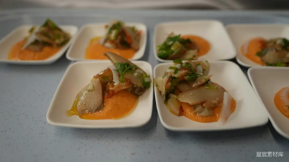 高清摄影  小份 gourmet 开胃菜拼盘，搭配橙味酱汁。