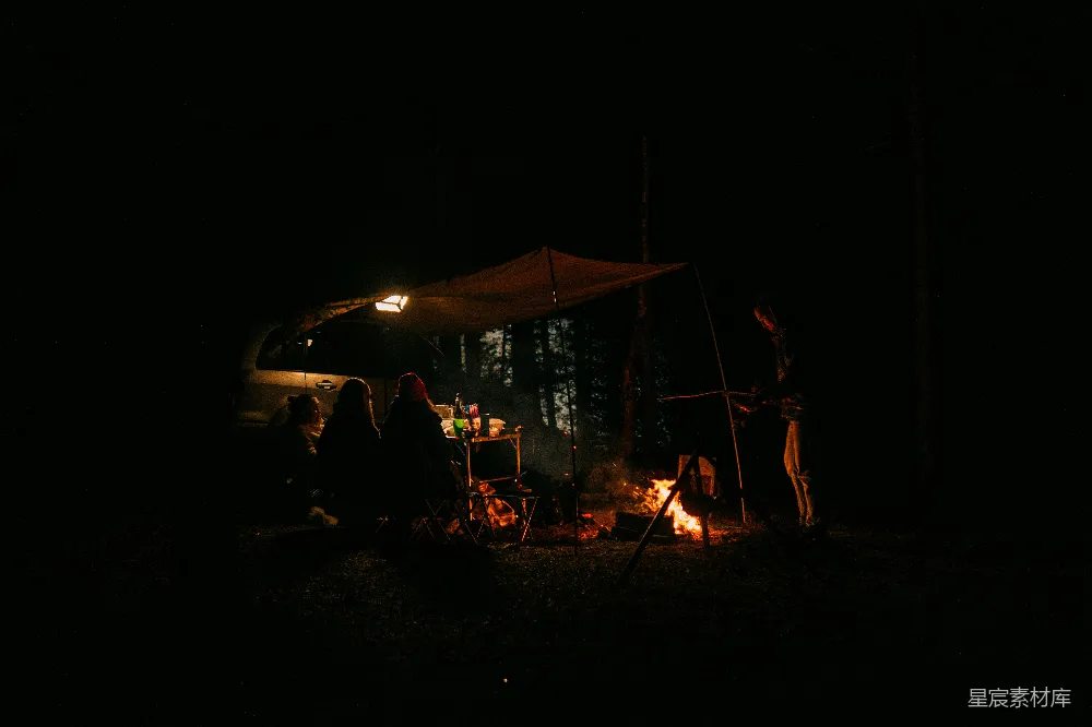 高清摄影  一群人在篝火旁围坐，夜晚温馨。