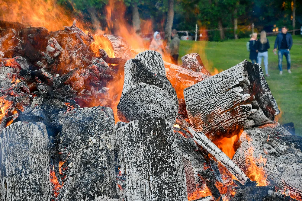 在爱沙尼亚的立乌拉镇，一场传统的仲夏篝火庆典上，强烈的橙色火焰包围着巨大的炭化木材，捕捉到了共同庆祝夏至时的原始能量与温暖。