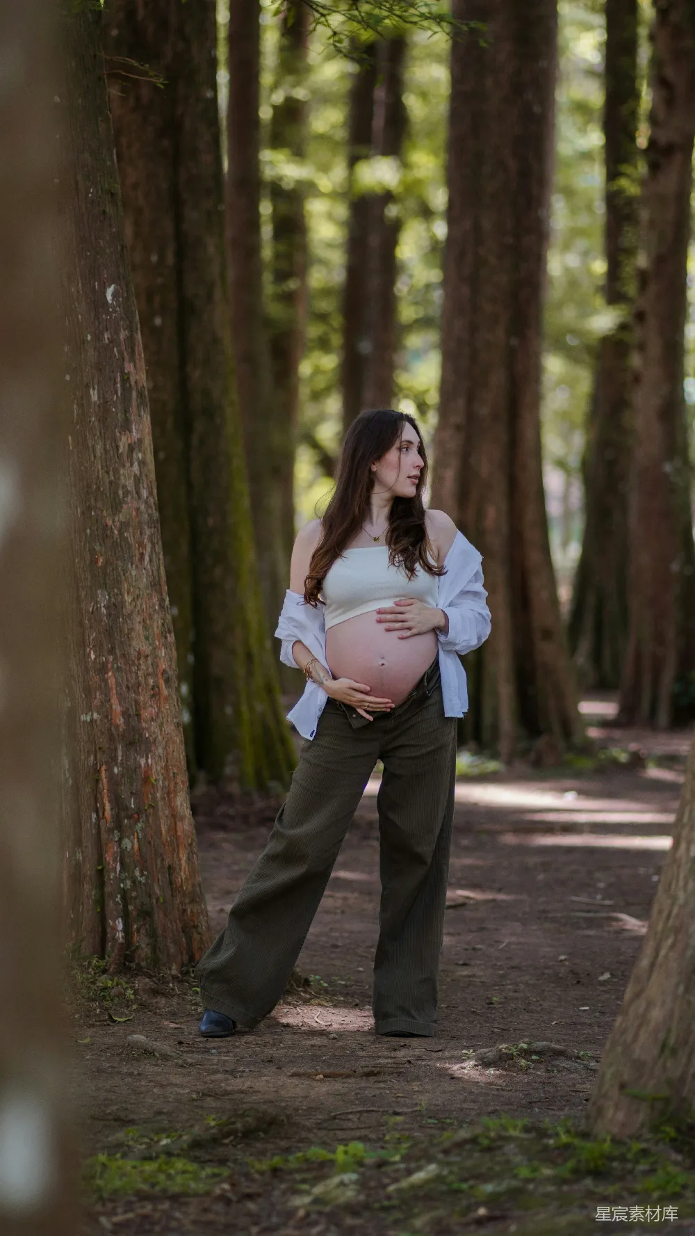 高清摄影  孕妇站在森林里