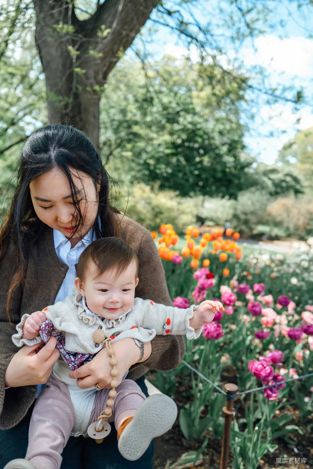 高清摄影 乐观 春天 母亲在种着郁金香的花园里抱着一个婴儿。