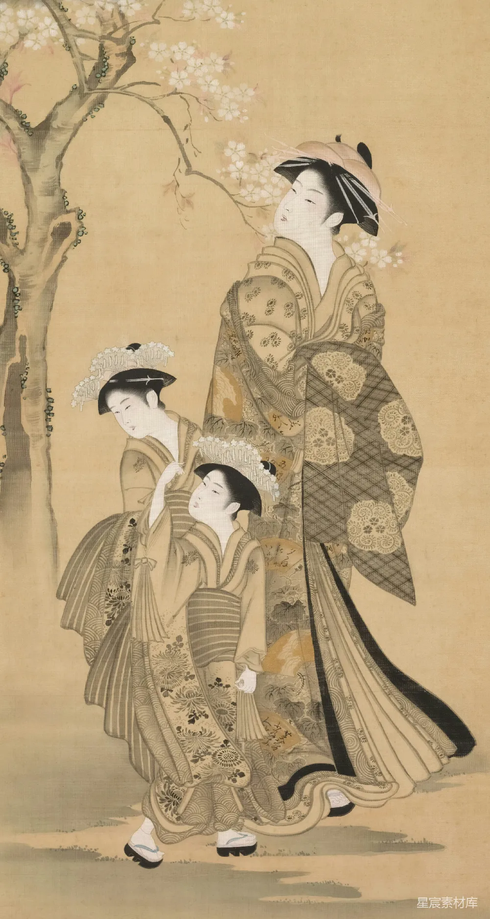 一对夫妇和两个孩子，1900年代早期，根据日本画家窪俊満（1757-1820）的画作复制品。这幅画作可能创作于明治时期（1868-1912），采用挂轴形式，绢本设色，金箔装饰。这件作品由约翰·A·哈登夫人捐赠，编号为1949.382。