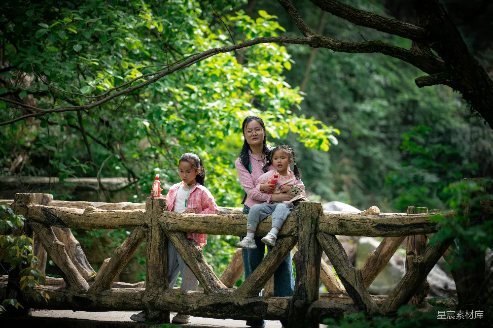 高清摄影  一个女人和两个孩子站在一座古朴的木桥上。