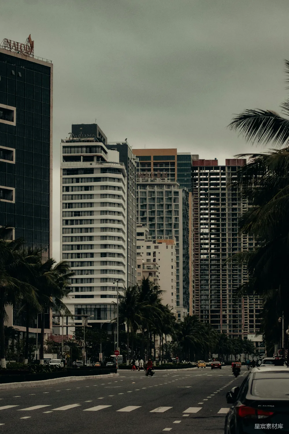 高清摄影  一条两旁是高楼和棕榈树的城市街道