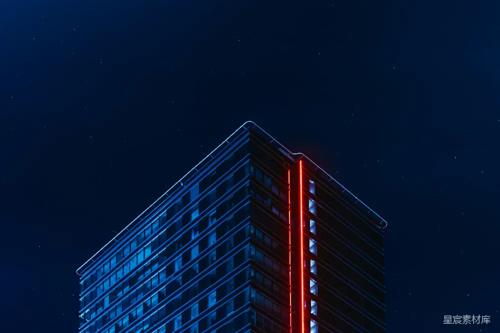 高清摄影  蓝红玻璃建筑在夜间
