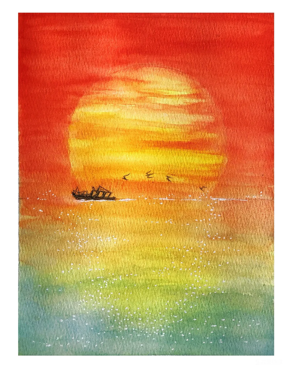夕阳下海中的一幅画