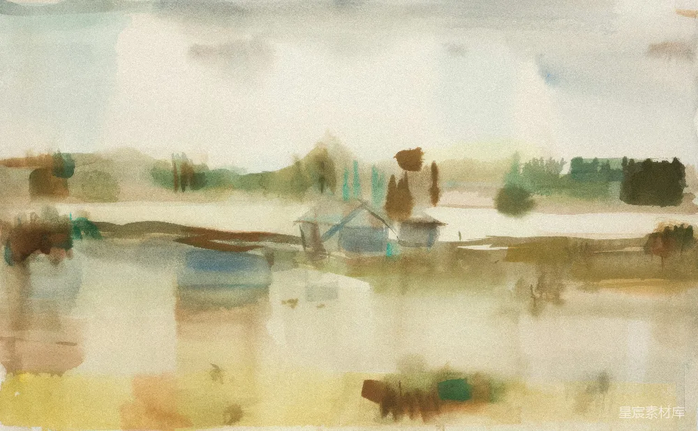 一幅抽象水彩画，描绘了一幅有建筑的风景。