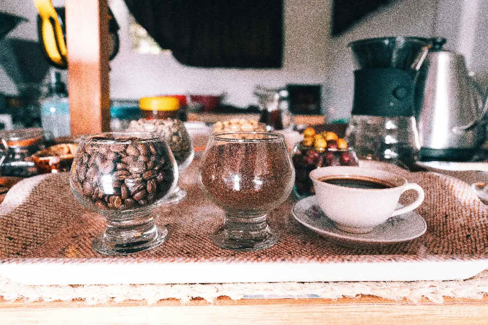 一张桌子上放着两只装满咖啡的玻璃杯。
