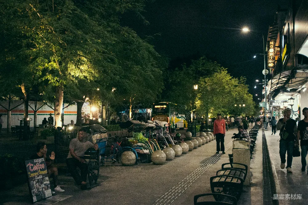 高清摄影  一群人在夜晚沿着街道行走。
