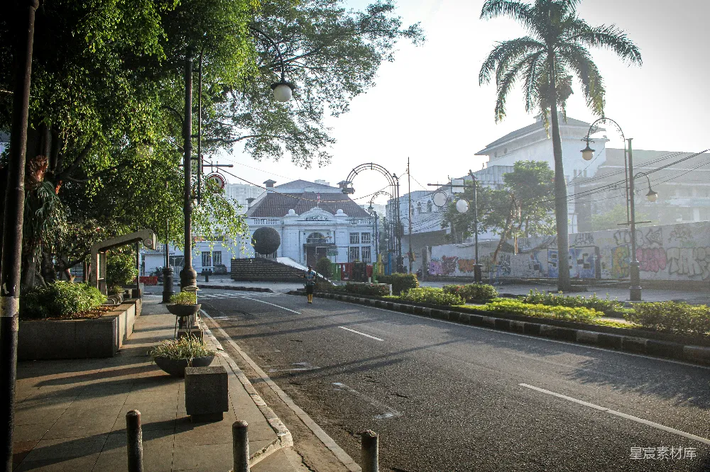 高清摄影  一条街道，两旁是树木和建筑物。