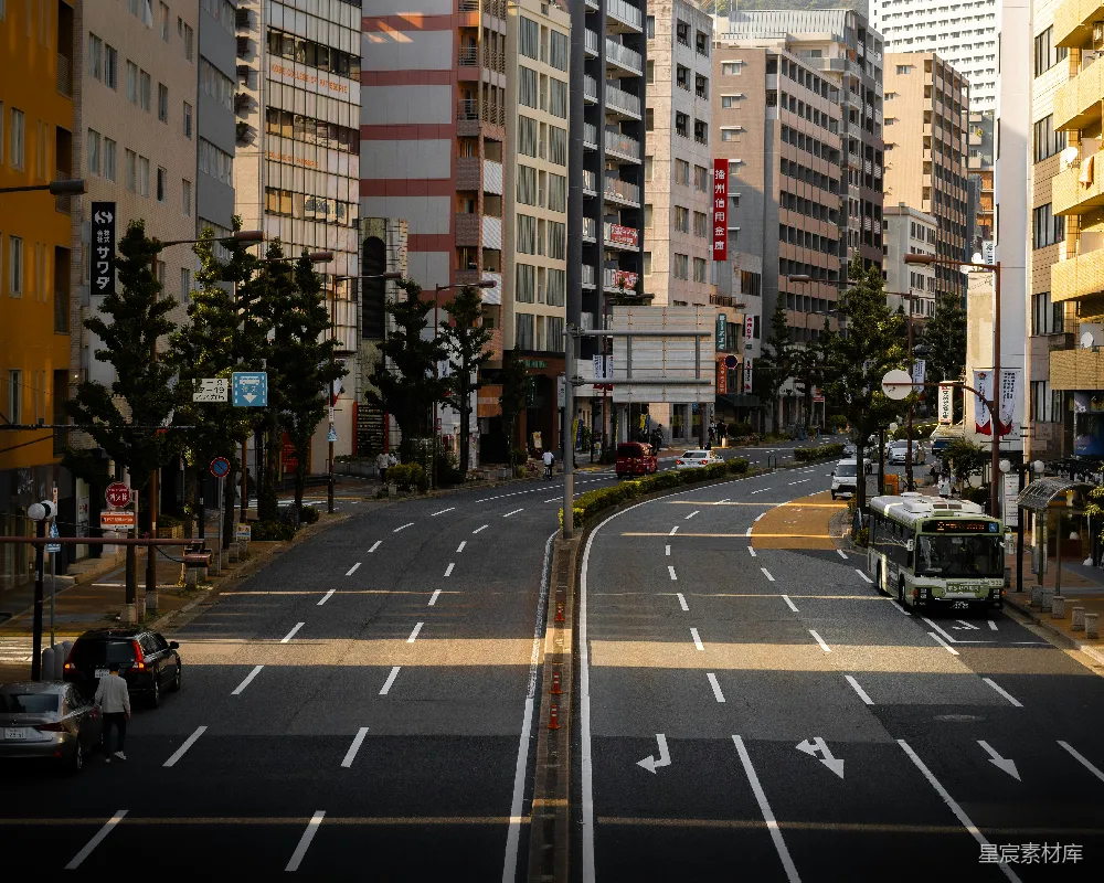 高清摄影  白天，高大建筑物附近道路上的汽车