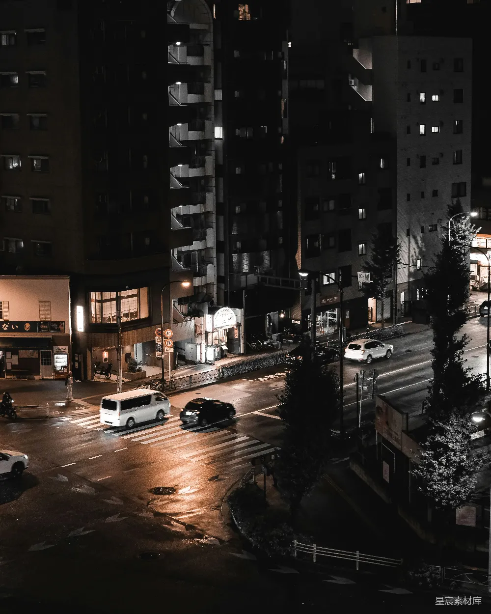 高清摄影  夜晚的城市街道，路边停着汽车。