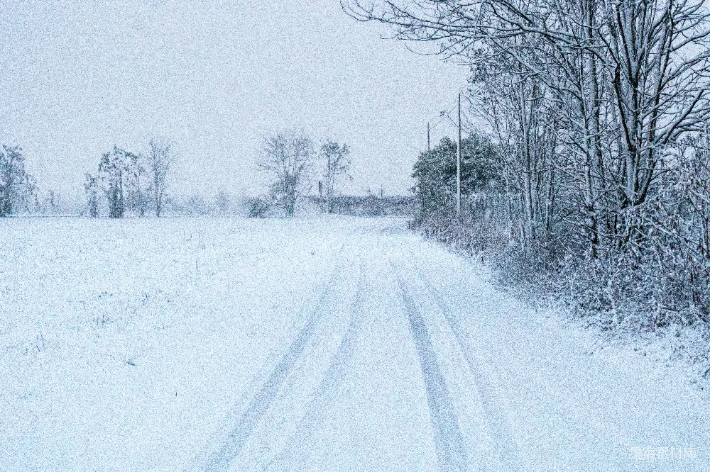 雪覆盖的道路，位于一片积雪的田野中