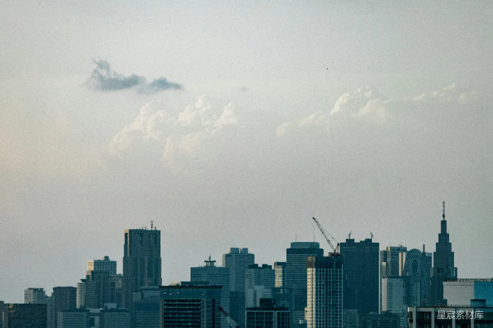 城市天际线在阴云密布的天空下，矗立着高大的建筑群。