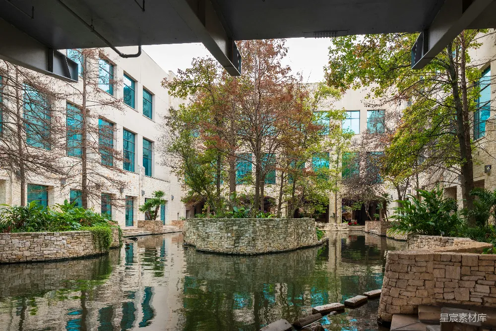 一条河流穿过一片繁茂的绿色公园，旁边是高大的建筑物。