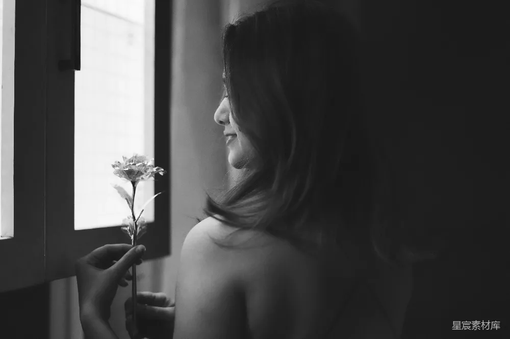 一个女人拿着一朵花，望着窗外。