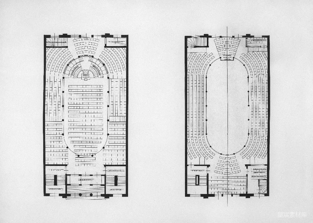 一个椭圆形建筑的两份建筑平面图