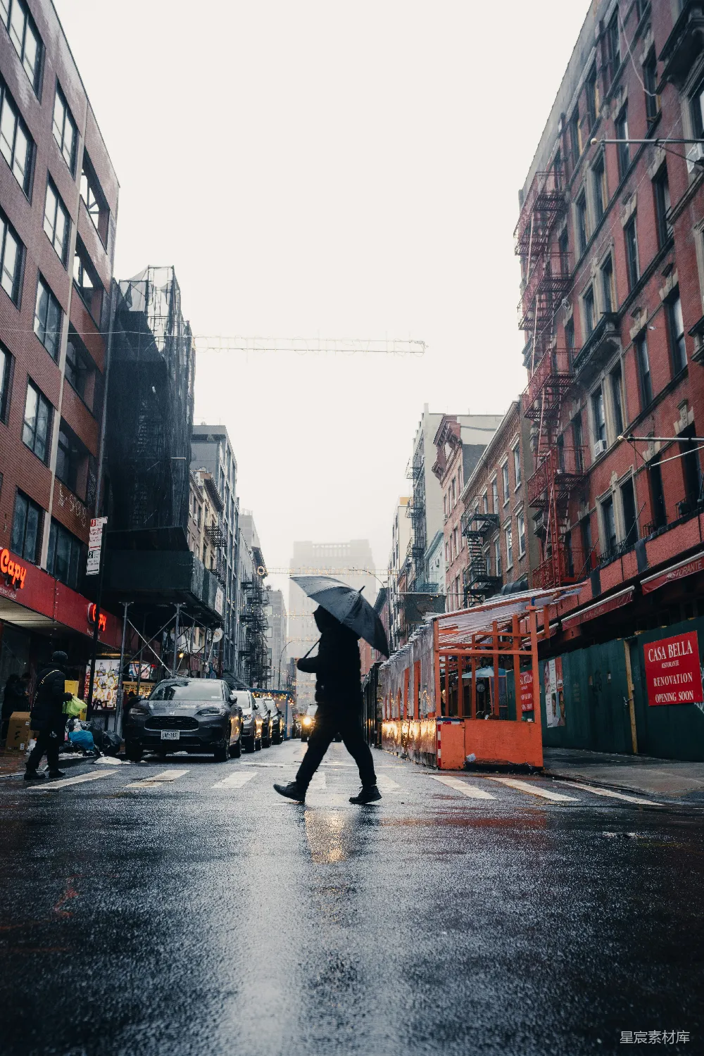 街上一个人手持雨伞行走