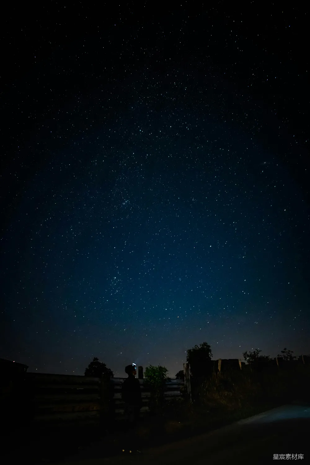 男人站在近旁的栅栏边，在夜间仰望星空