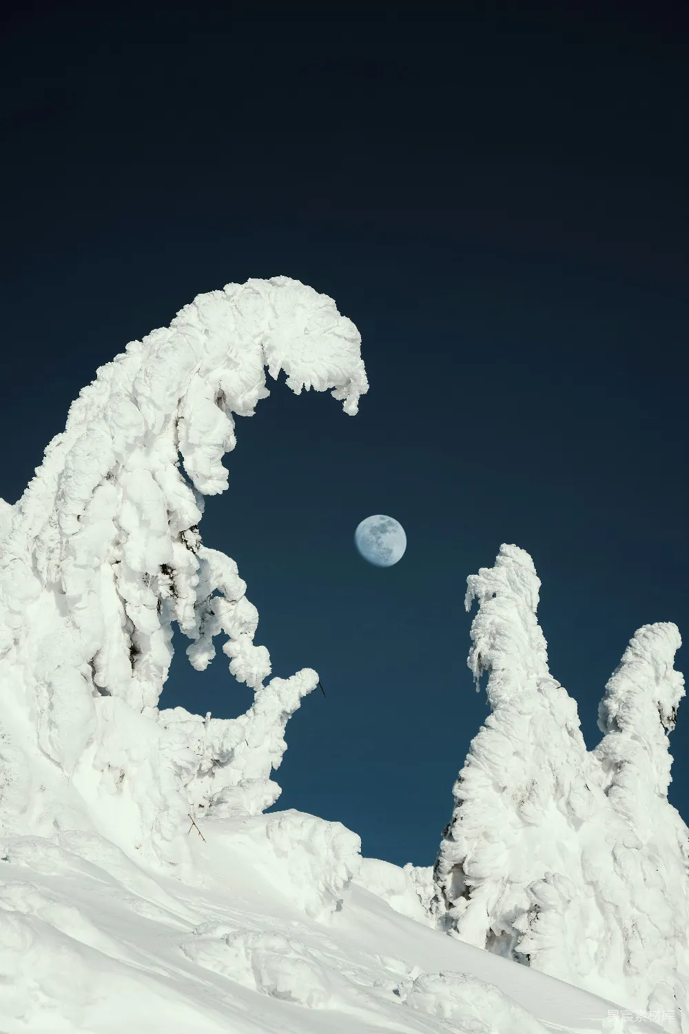高清摄影  被白雪覆盖的山峰，天空中挂着一轮满月。