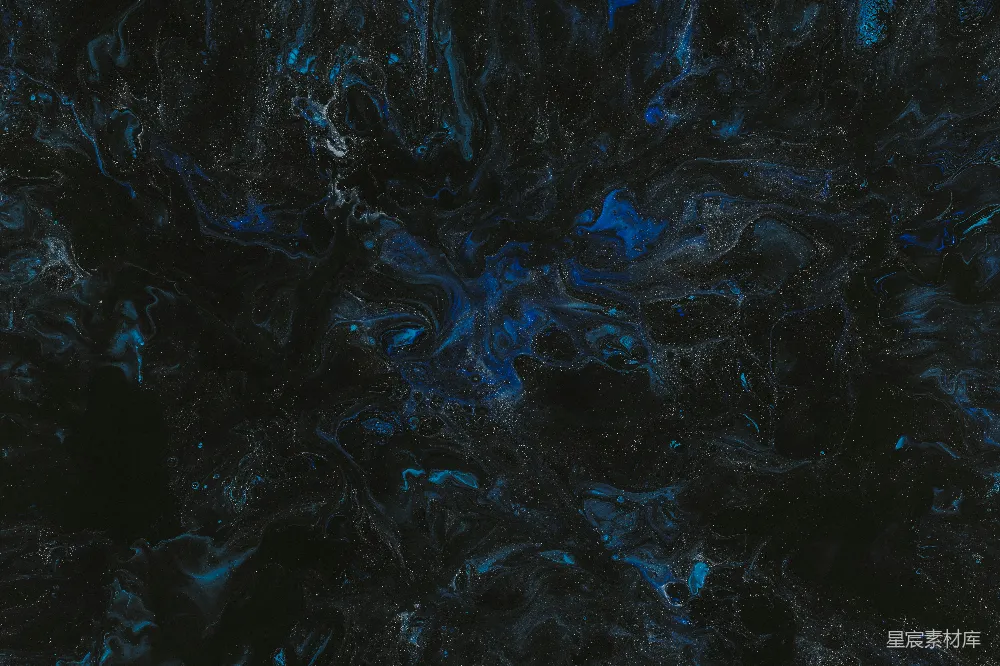 一片以黑色和蓝色为背景的场景中充满了各种黑色和蓝色的漩涡。