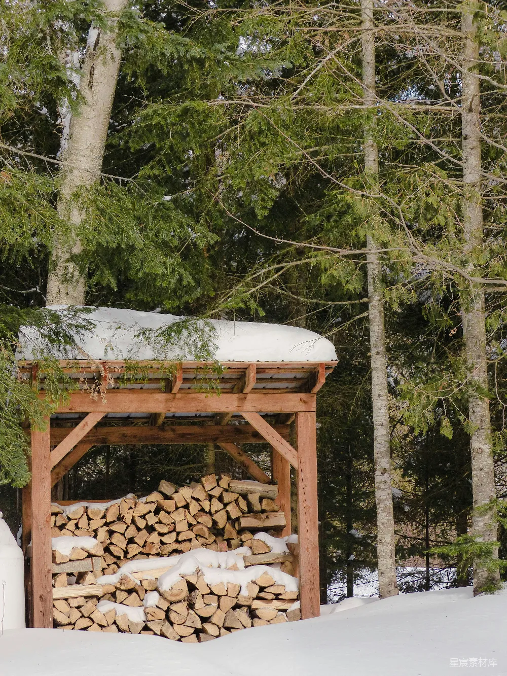 高清摄影  雪地里有一堆木柴在遮蔽物下。