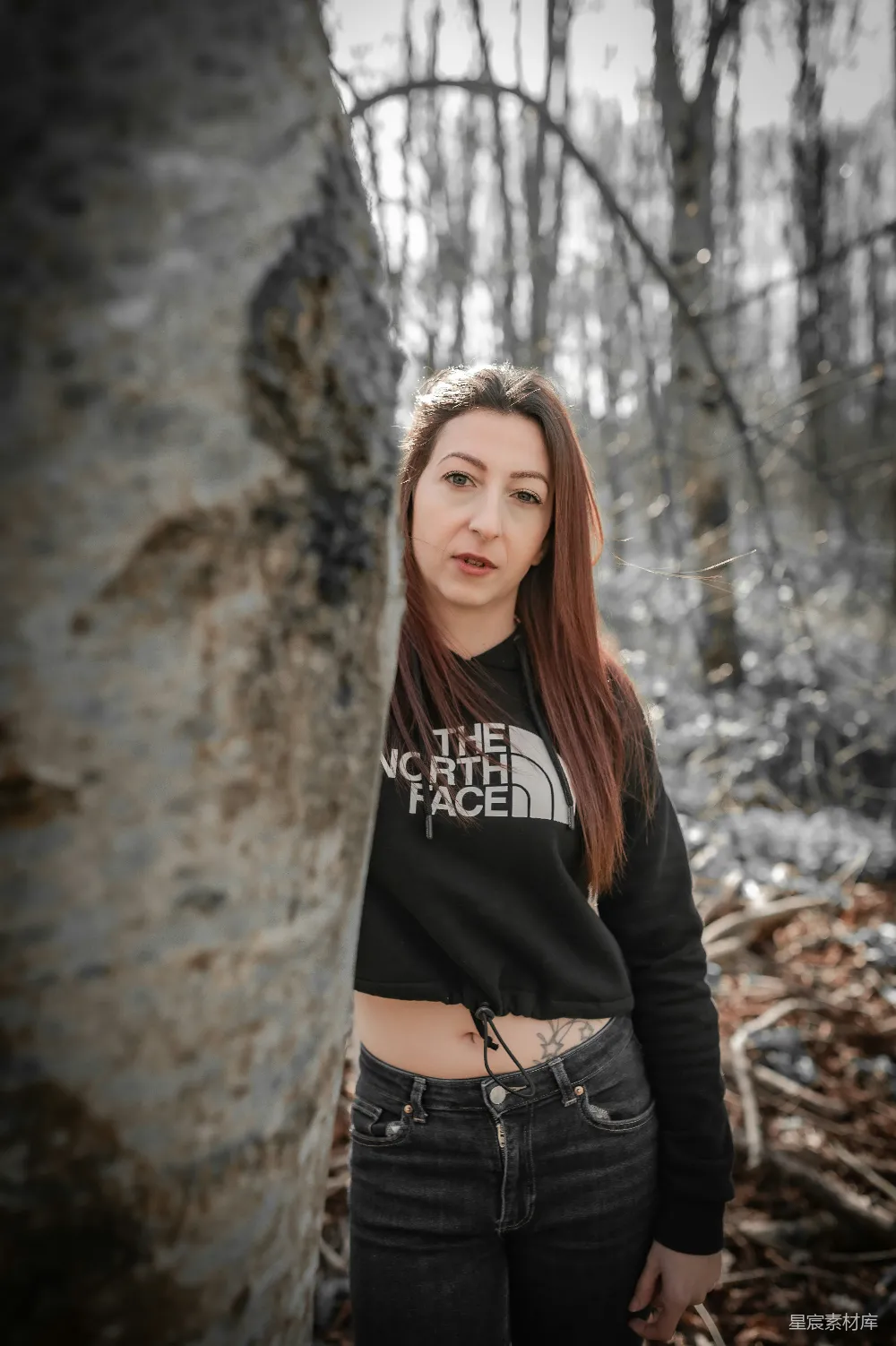高清摄影  一位站在森林里树旁的女人
