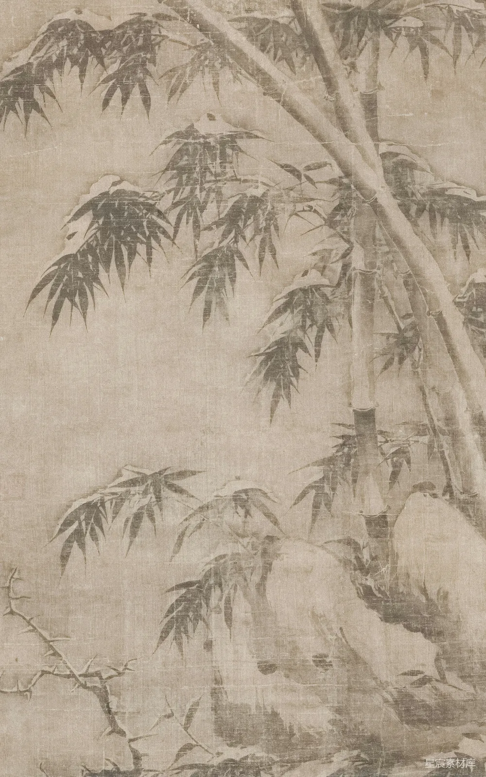 高清摄影  竹枝积雪的传统画作。