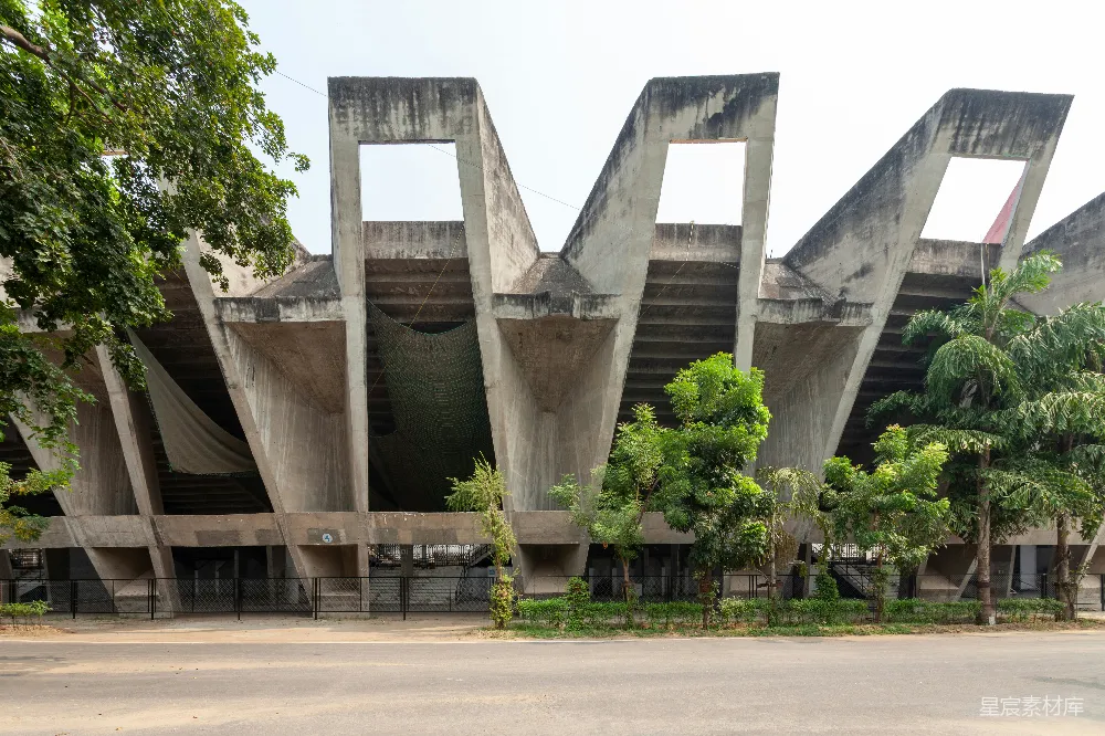 一座大型混凝土建筑前面有树木。