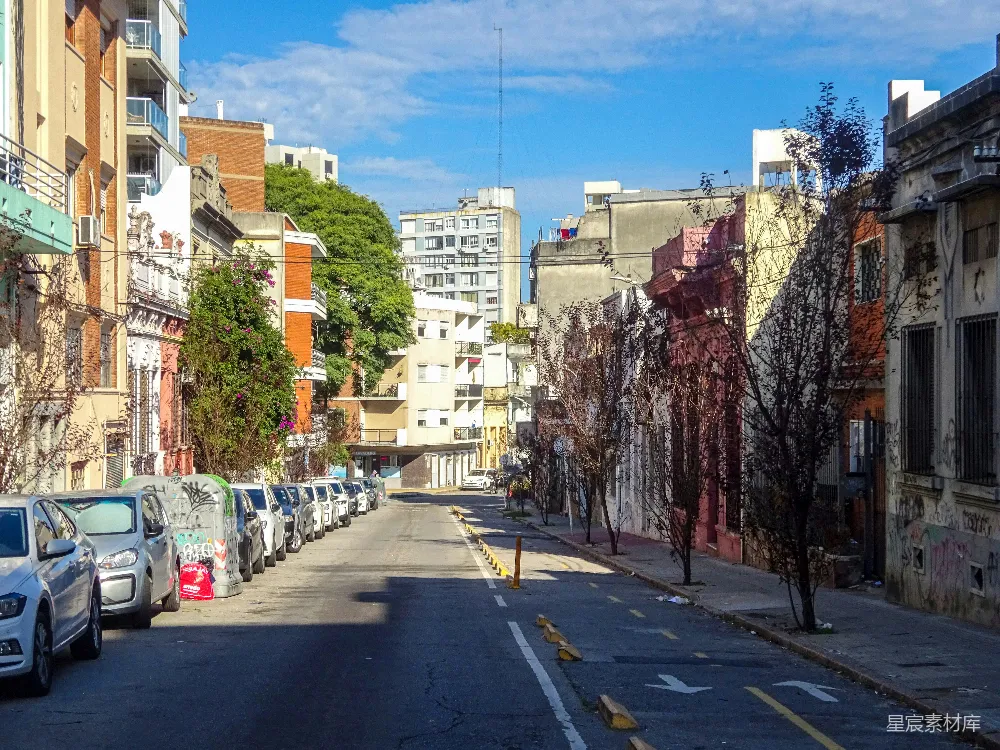停着汽车的街道和色彩斑斓的建筑物