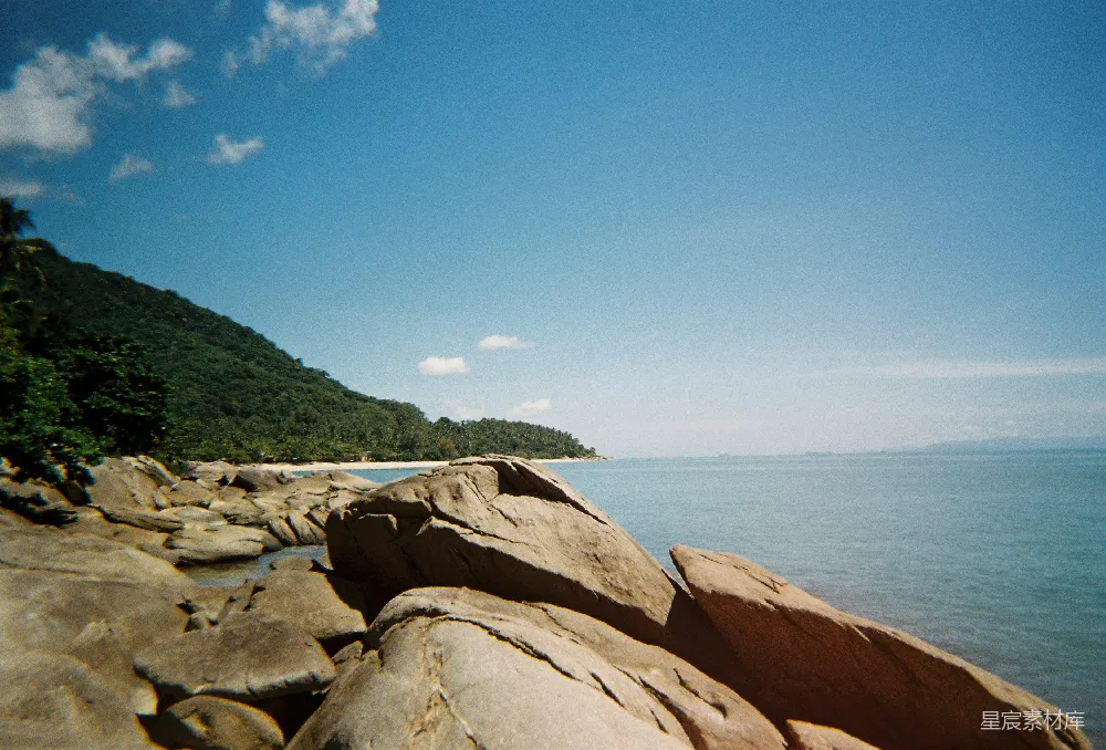 棕色岩石海岸附近有绿色树木，在蓝天之下白天景象。
