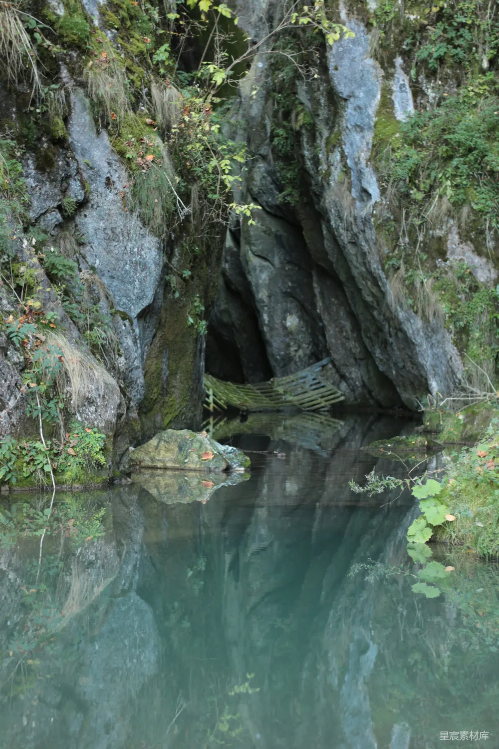 环绕着岩石和绿植的水域