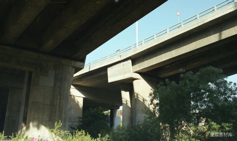 高清摄影  多座混凝土高速公路天桥，下方有绿叶点缀。