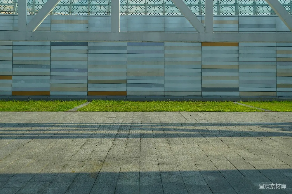 高清摄影  现代建筑的外墙带有几何图案和草地。