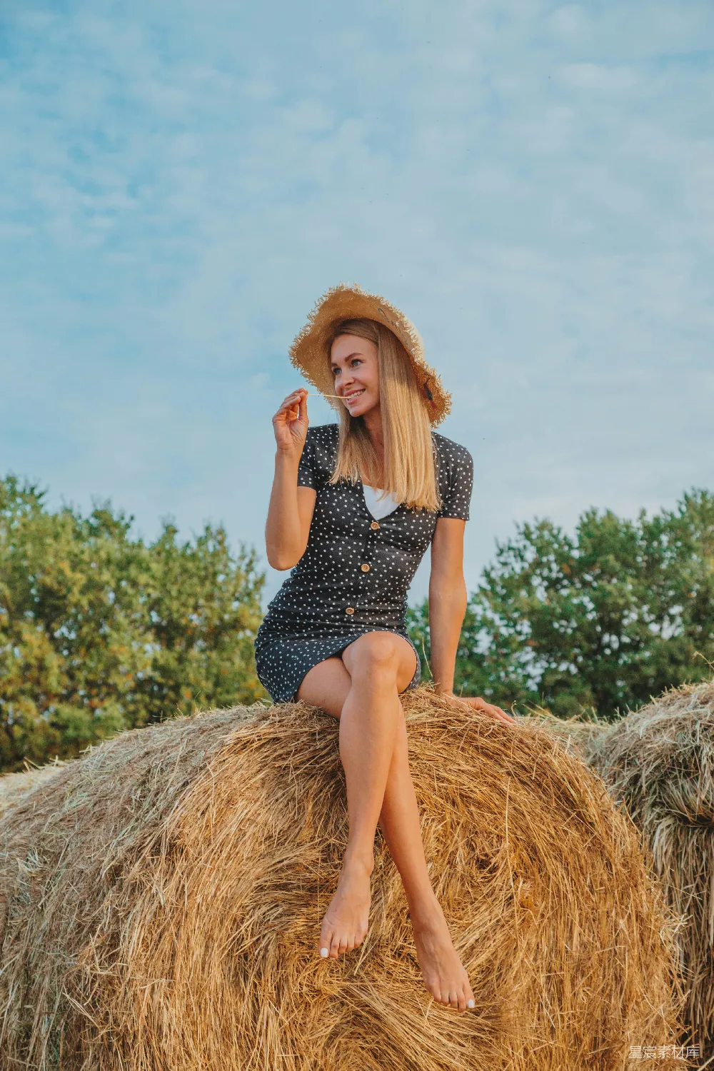 穿着黑白条纹连衣裙的穿褐色稻草的女人坐在那里。