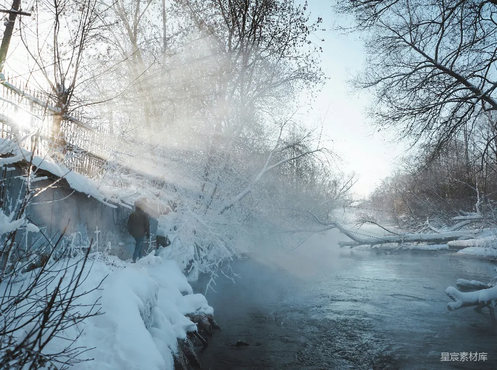 一条河流穿过覆盖着白雪的森林
