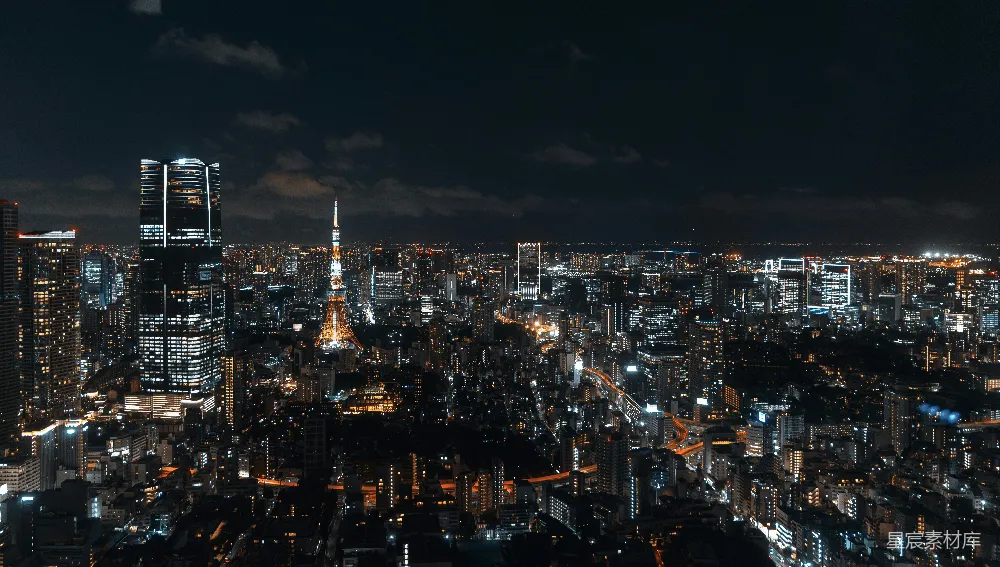 夜晚 vibrant  skyline 与 照明 的摩天大楼 相映成趣