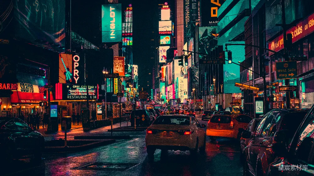 夜晚道路上的车辆被建筑物环绕
