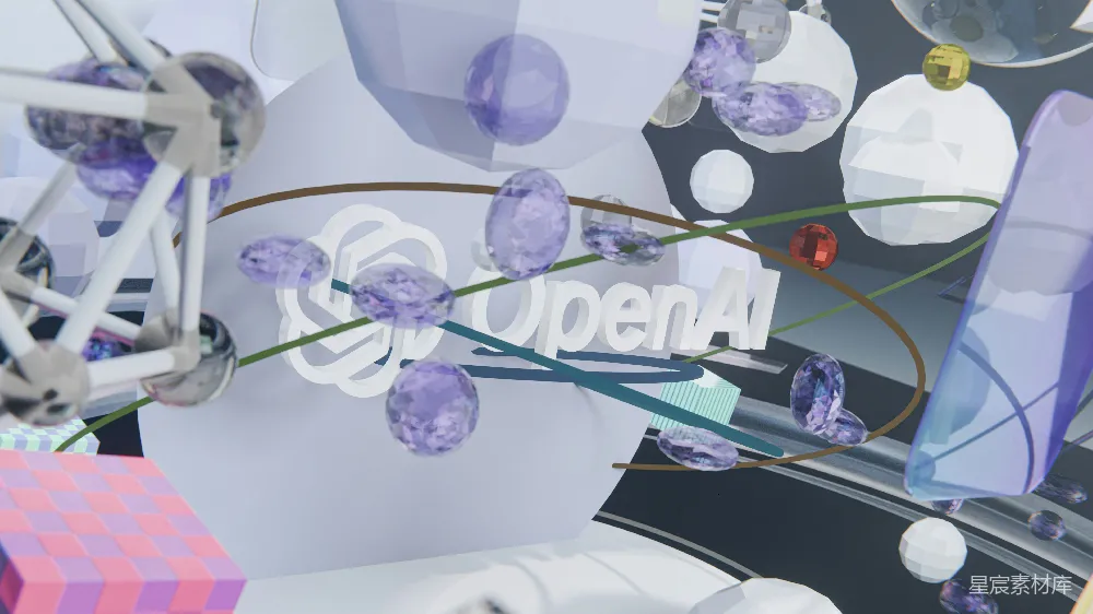 高清摄影  OpenAI标志被抽象的三维几何和结晶形状包围。
