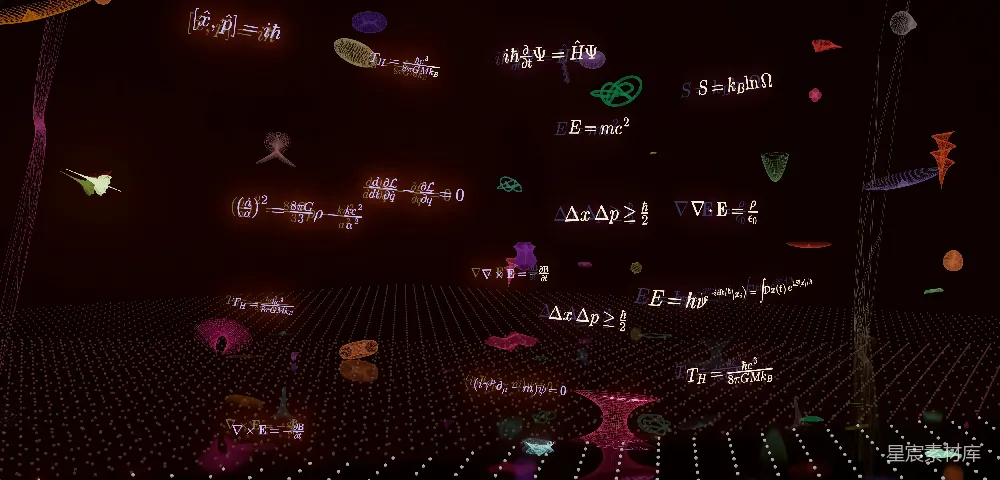 高清摄影  浮动的物理学方程和抽象元素在黑暗的网格中。