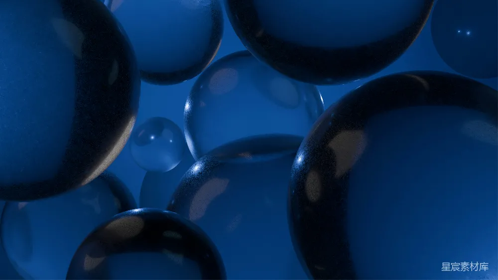 高清摄影  许多蓝色透明的球体漂浮在蓝色背景上。