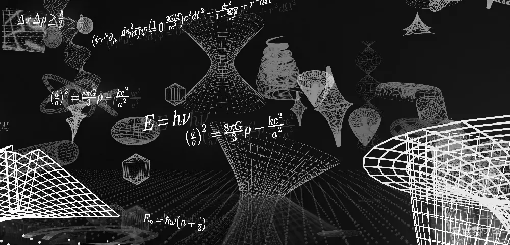 高清摄影  黑色背景上的数学公式和线框3D形状。